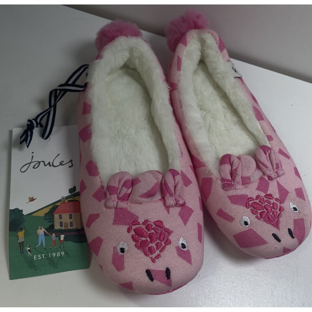 Joules Girl's Pink Giraffe Slippers Size Medium New! Grippy Sole Giftable